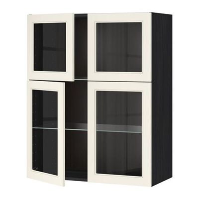 МЕТОД Навесной шкаф с полками/4 стекл дв - под дерево черный, Хитарп белый с оттенком МЕТОД Навесной шкаф с полками/4 стекл дв - под дерево черный, Хитарп белый с оттенком