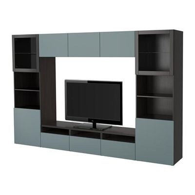 БЕСТО Шкаф для ТВ, комбин/стеклян дверцы - черно-коричневый/Вальвикен серо-бирюзовый, прозрачное стекло, направляющие ящика,нажимные