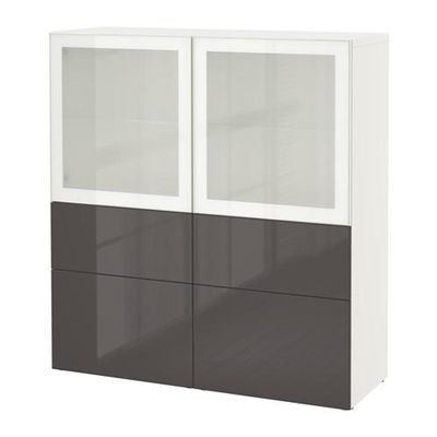 БЕСТО Комбинация д/хранения+стекл дверц - белый/Сельсвикен глянцевый/серый матовое стекло, направляющие ящика, плавно закр