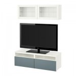 БЕСТО Шкаф для ТВ, комбин/стеклян дверцы - белый/Вальвикен серо-бирюзовый, прозрачное стекло, направляющие ящика, плавно закр