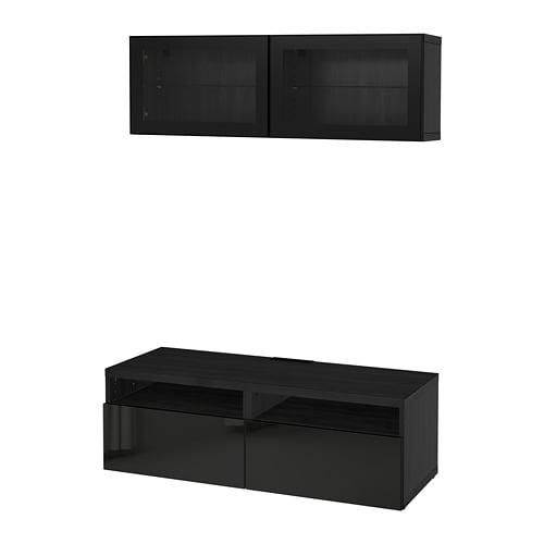 БЕСТО Шкаф для ТВ, комбин/стеклян дверцы - черно-коричневый/Сельсвикен глянцевый/черный прозрачное стекло, направляющие ящика, плавно закр