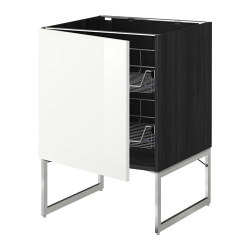 МЕТОД Напольный шкаф с проволочн ящиками - под дерево черный, Рингульт глянцевый белый, 60x60x60 см