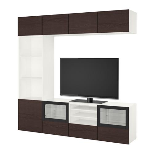 БЕСТО Шкаф для ТВ, комбин/стеклян дверцы - белый/Инвикен черно-коричневый прозрачное стекло, направляющие ящика, плавно закр