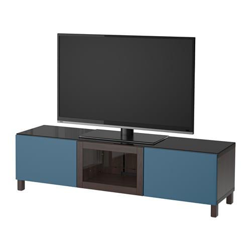БЕСТО Тумба под ТВ, с дверцами - черно-коричневый Вальвикен/темно-синий прозрачное стекло, направляющие ящика,нажимные