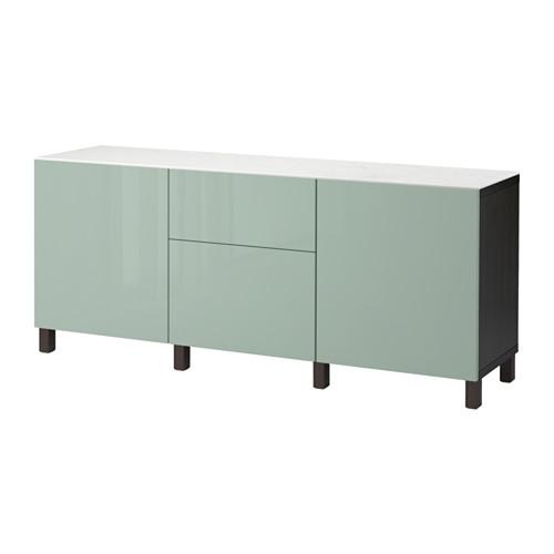 БЕСТО Комб для хран с дверц/ящ - черно-коричневый/Сельсвикен глянцевый/серо-зеленый светлый, направляющие ящика,нажимные