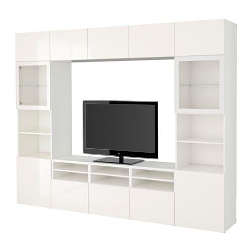 БЕСТО Шкаф для ТВ, комбин/стеклян дверцы - белый/Сельсвикен глянцевый/белый прозрачное стекло, направляющие ящика,нажимные