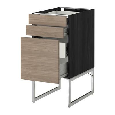 МЕТОД / ФОРВАРА Напольн шкаф 3фронт пнл/2низ/2ср ящ - 40x60x60 см, Брокхульт под грецкий орех светло-серый, под дерево черный