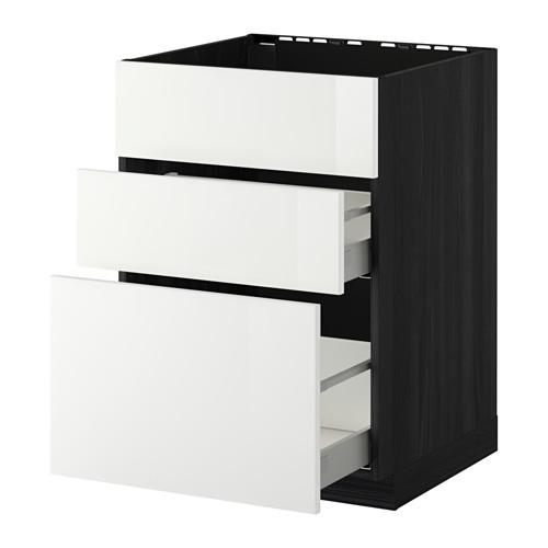 МЕТОД / МАКСИМЕРА Напольн шк п-мойку+3фрнт пнл/2ящ - под дерево черный, Рингульт глянцевый белый, 60x60 см