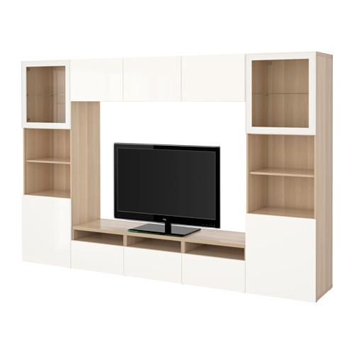 БЕСТО Шкаф для ТВ, комбин/стеклян дверцы - под беленый дуб/Сельсвикен глянцевый/белый прозрачное стекло, направляющие ящика, плавно закр