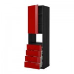 МЕТОД / МАКСИМЕРА Высок шкаф д/духовки/дверца/4ящика - 60x60x220 см, Рингульт глянцевый красный, под дерево черный