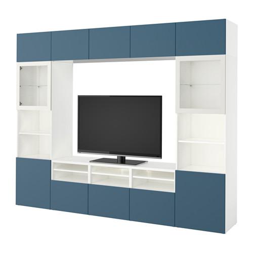 БЕСТО Шкаф для ТВ, комбин/стеклян дверцы - белый Вальвикен/темно-синий прозрачное стекло, направляющие ящика,нажимные