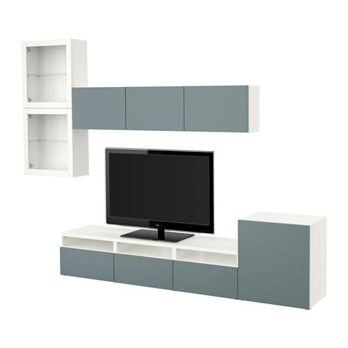 БЕСТО Шкаф для ТВ, комбин/стеклян дверцы - белый/Вальвикен серо-бирюзовый, прозрачное стекло, направляющие ящика, плавно закр