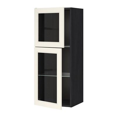 МЕТОД Навесной шкаф с полками/2 стекл дв - под дерево черный, Хитарп белый с оттенком МЕТОД Навесной шкаф с полками/2 стекл дв - под дерево черный, Хитарп белый с оттенком