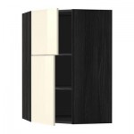 МЕТОД Угловой навесной шкаф+полки/2дверцы - Рингульт глянцевый кремовый, под дерево черный
