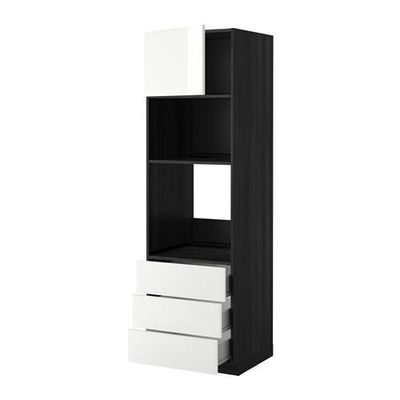 МЕТОД / ФОРВАРА Высок шкаф д/духовки/СВЧ/дверца/3ящ - 60x60x200 см, Рингульт глянцевый белый, под дерево черный