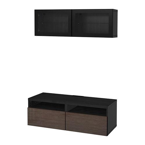 БЕСТО Шкаф для ТВ, комбин/стеклян дверцы - черно-коричневый/Сельсвикен глянцевый/коричневый прозрач стекло, направляющие ящика, плавно закр БЕСТО Шкаф для ТВ, комбин/стеклян дверцы - черно-коричневый/Сельсвикен глянцевый/коричневый прозрач стекло, направляющие ящика, плавно закр