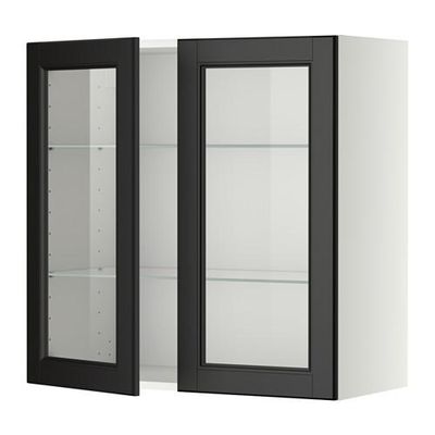 МЕТОД Навесной шкаф с полками/2 стекл дв - 80x80 см, Лаксарби черно-коричневый, белый