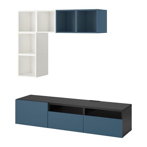 БЕСТО / ЭКЕТ Комбинация для ТВ - белый/черно-коричневый/темно-синий, направляющие ящика, плавно закр