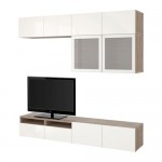 БЕСТО Шкаф для ТВ, комбин/стеклян дверцы - под беленый дуб/Сельсвикен глянцевый/белый матовое стекло, направляющие ящика,нажимные