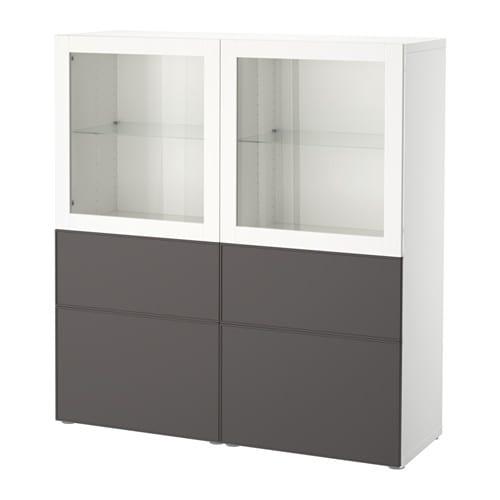 БЕСТО Комбинация д/хранения+стекл дверц - белый Грундсвикен/темно-серый прозрачное стекло, направляющие ящика,нажимные