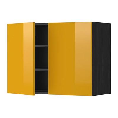МЕТОД Навесной шкаф с полками/2дверцы - 80x60 см, Ерста глянцевый желтый, под дерево черный