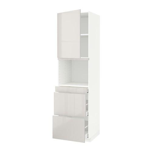 МЕТОД / МАКСИМЕРА Высокий шкаф д/СВЧ/дверца/3ящика - белый, Рингульт глянцевый светло-серый, 60x60x220 см