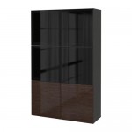 БЕСТО Комбинация д/хранения+стекл дверц - черно-коричневый/Сельсвикен глянцевый/коричневый дымчат стекло, направляющие ящика, плавно закр