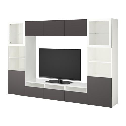 БЕСТО Шкаф для ТВ, комбин/стеклян дверцы - белый Грундсвикен/темно-серый прозрачное стекло, направляющие ящика,нажимные