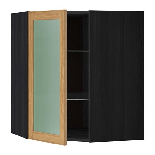 МЕТОД Углов навесн шк с полками/сткл дв - под дерево черный, Экестад дуб, 68x80 см МЕТОД Углов навесн шк с полками/сткл дв - под дерево черный, Экестад дуб, 68x80 см