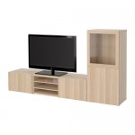 БЕСТО Шкаф для ТВ, комбин/стеклян дверцы - Лаппвикен/Синдвик под беленый дуб, прозрачное стелко, направляющие ящика, плавно закр