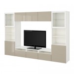 БЕСТО Шкаф для ТВ, комбин/стеклян дверцы - белый/Сельсвикен глянцевый/бежевый прозрачное стекло, направляющие ящика,нажимные