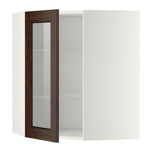 МЕТОД Углов навесн шк с полками/сткл дв - белый, Эдсерум под дерево коричневый, 68x80 см