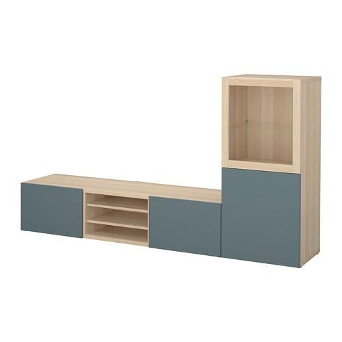 БЕСТО Шкаф для ТВ, комбин/стеклян дверцы - под беленый дуб/Вальвикен серо-бирюзовый, прозрачное стекло, направляющие ящика, плавно закр БЕСТО Шкаф для ТВ, комбин/стеклян дверцы - под беленый дуб/Вальвикен серо-бирюзовый, прозрачное стекло, направляющие ящика, плавно закр