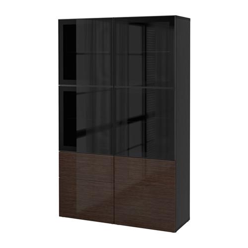БЕСТО Комбинация д/хранения+стекл дверц - черно-коричневый/Сельсвикен глянцевый/коричневый прозрач стекло, направляющие ящика,нажимные
