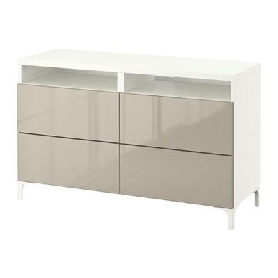 БЕСТО Тумба д/ТВ с ящиками - белый/Сельсвикен глянцевый/бежевый, направляющие ящика,нажимные