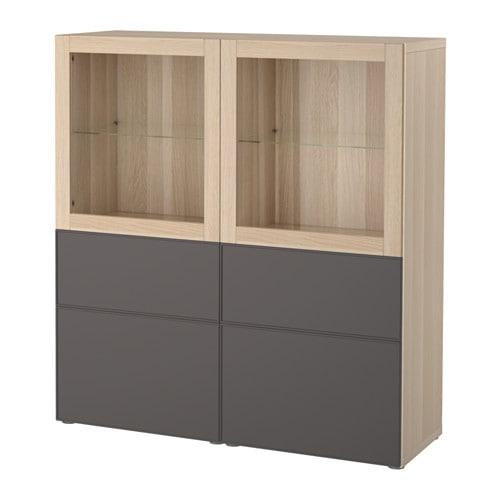 БЕСТО Комбинация д/хранения+стекл дверц - под беленый дуб Грундсвикен/темно-серый прозрачное стекло, направляющие ящика,нажимные