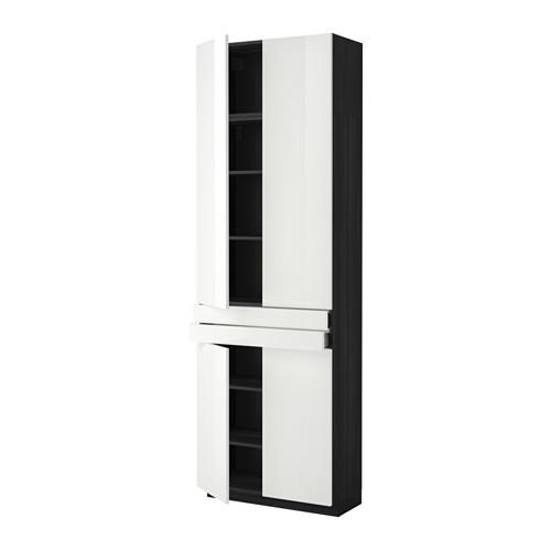 МЕТОД / МАКСИМЕРА Высокий шкаф+полки/2 ящика/4 дверцы - под дерево черный, Рингульт глянцевый белый