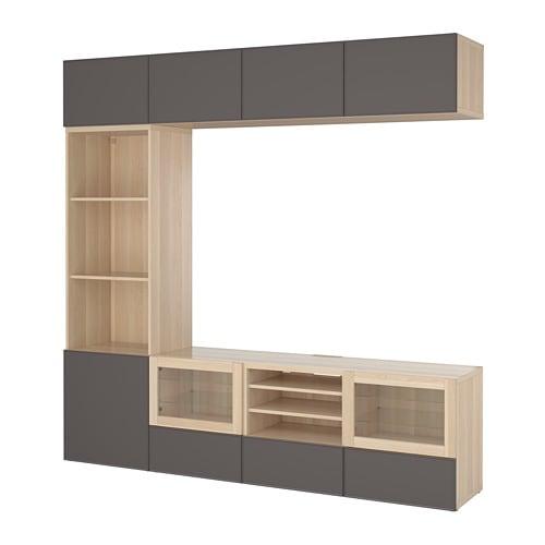 БЕСТО Шкаф для ТВ, комбин/стеклян дверцы - под беленый дуб Грундсвикен/темно-серый прозрачное стекло, направляющие ящика, плавно закр БЕСТО Шкаф для ТВ, комбин/стеклян дверцы - под беленый дуб Грундсвикен/темно-серый прозрачное стекло, направляющие ящика, плавно закр