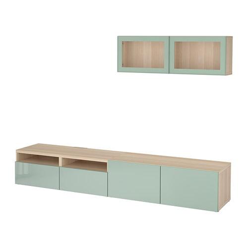 БЕСТО Шкаф для ТВ, комбин/стеклян дверцы - под беленый дуб Сельсвикен/глянцевый/серо-зеленый светлый прозрачное стекло, направляющие ящика, плавно закр БЕСТО Шкаф для ТВ, комбин/стеклян дверцы - под беленый дуб Сельсвикен/глянцевый/серо-зеленый светлый прозрачное стекло, направляющие ящика, плавно закр