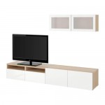 БЕСТО Шкаф для ТВ, комбин/стеклян дверцы - под беленый дуб/Сельсвикен глянцевый/белый матовое стекло, направляющие ящика, плавно закр