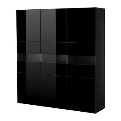 БЕСТО Комбинация д/хранения+стекл дверц - черно-коричневый/глянцевый черный