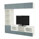 БЕСТО Шкаф для ТВ, комбин/стеклян дверцы - белый/Вальвикен серо-бирюзовый, прозрачное стекло, направляющие ящика, плавно закр