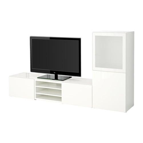 БЕСТО Шкаф для ТВ, комбин/стеклян дверцы - белый/Сельсвикен глянцевый/белый матовое стекло, направляющие ящика, плавно закр
