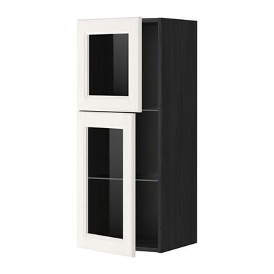 МЕТОД Навесной шкаф с полками/2 стекл дв - под дерево черный, Лаксарби белый