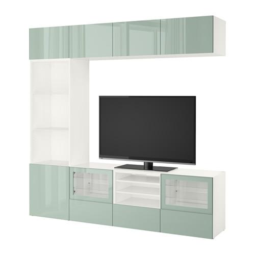 БЕСТО Шкаф для ТВ, комбин/стеклян дверцы - белый Сельсвикен/глянцевый/серо-зеленый светлый прозрачное стекло, направляющие ящика,нажимные