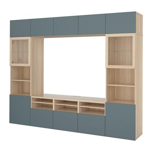 БЕСТО Шкаф для ТВ, комбин/стеклян дверцы - под беленый дуб/Вальвикен серо-бирюзовый, прозрачное стекло, направляющие ящика, плавно закр БЕСТО Шкаф для ТВ, комбин/стеклян дверцы - под беленый дуб/Вальвикен серо-бирюзовый, прозрачное стекло, направляющие ящика, плавно закр