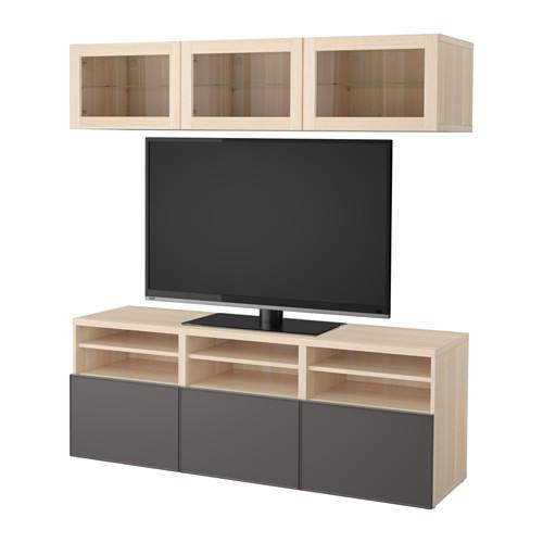 БЕСТО Шкаф для ТВ, комбин/стеклян дверцы - под беленый дуб Грундсвикен/темно-серый прозрачное стекло, направляющие ящика,нажимные