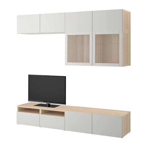 БЕСТО Шкаф для ТВ, комбин/стеклян дверцы - под беленый дуб/Лаппвикен светло-серый прозрачное стекло, направляющие ящика,нажимные