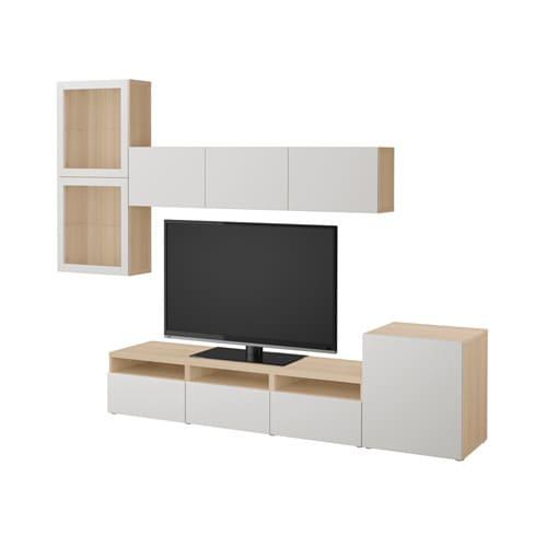 БЕСТО Шкаф для ТВ, комбин/стеклян дверцы - под беленый дуб/Лаппвикен светло-серый прозрачное стекло, направляющие ящика,нажимные БЕСТО Шкаф для ТВ, комбин/стеклян дверцы - под беленый дуб/Лаппвикен светло-серый прозрачное стекло, направляющие ящика,нажимные