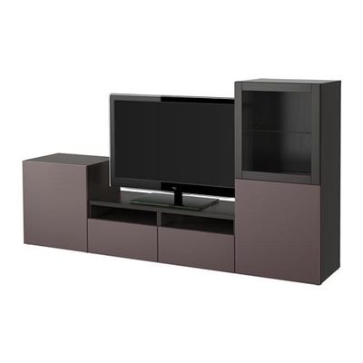 БЕСТО Шкаф для ТВ, комбин/стеклян дверцы - черно-коричневый/Вальвикен темно-коричневый, прозрачное стекло, направляющие ящика,нажимные